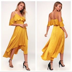 “Layla” Mustard Off-the-Shoulder Wrap Dress